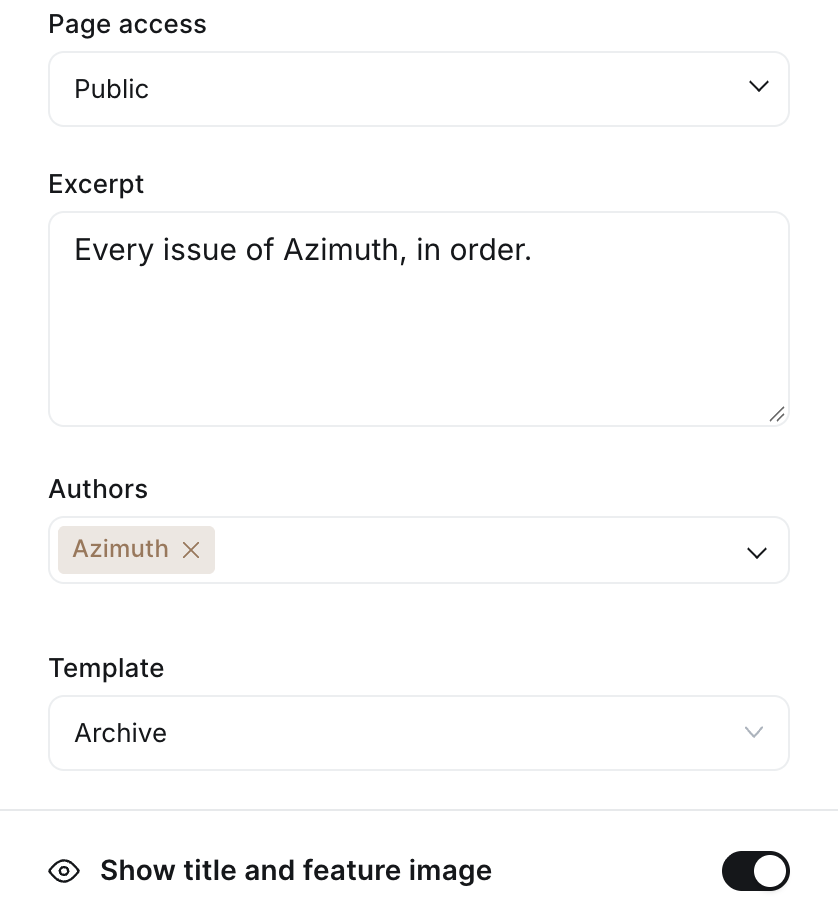 Page settings sidebar in the Ghost editor with the Archive template selected in the Template field