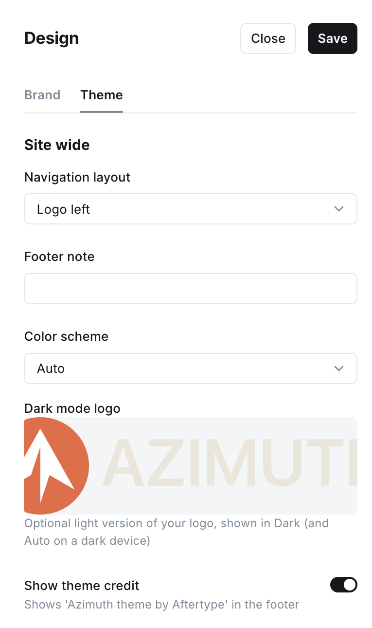 The Ghost Design panel on the Theme tab, showing Azimuth's Site wide settings: Navigation layout, Footer note, Color scheme, Dark mode logo and Show theme credit