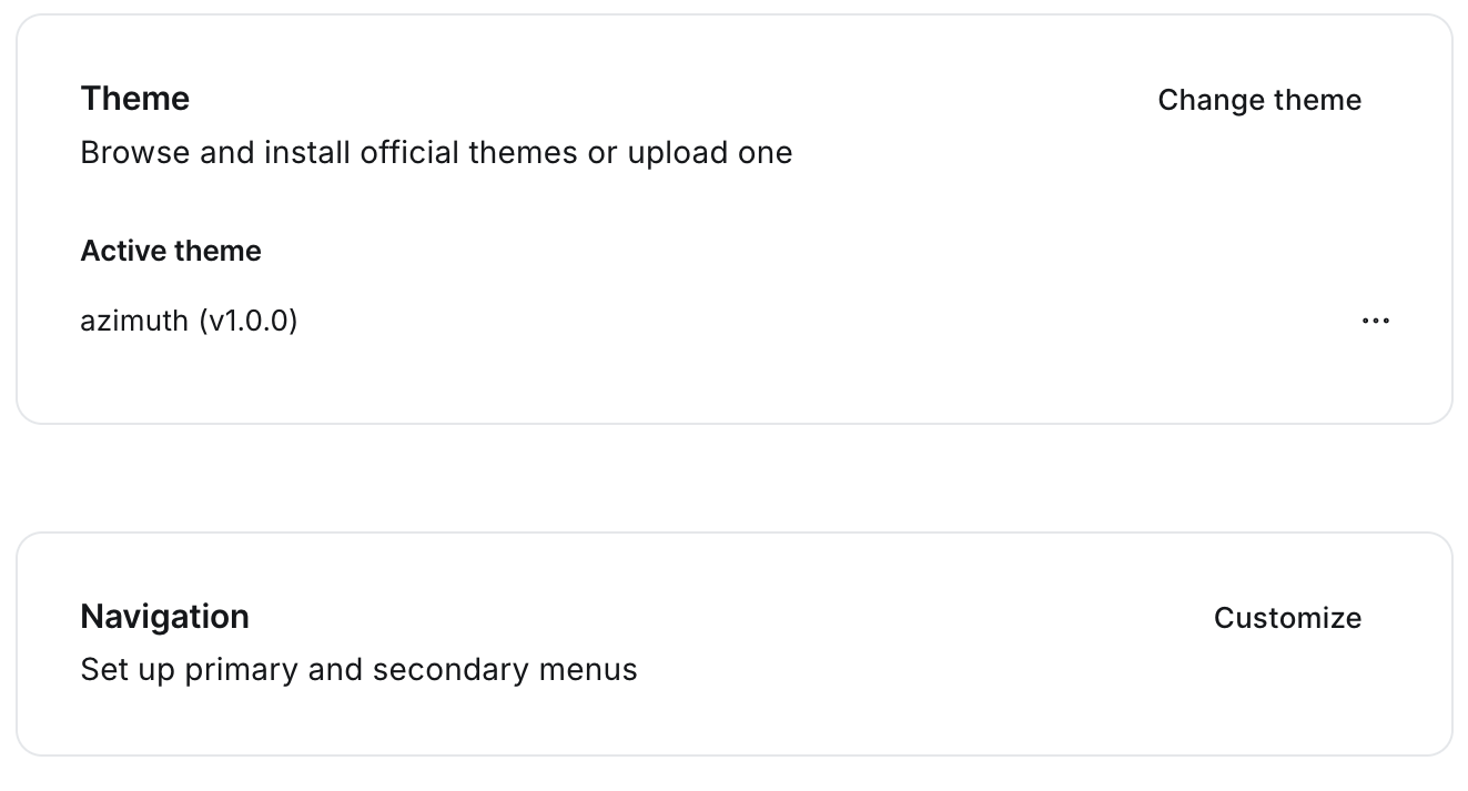 Ghost Admin Settings, Theme section, with azimuth (v1.0.0) listed as the active theme and a Change theme button