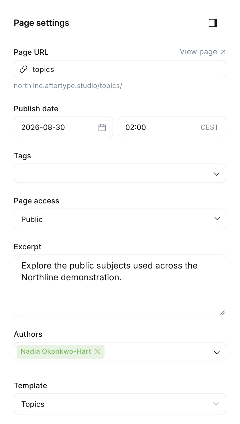 Page settings sidebar in the Ghost editor with a Northline custom template selected in the Template field