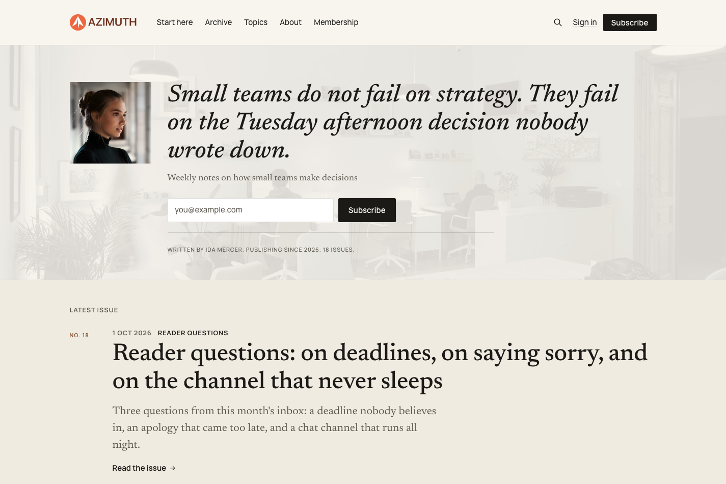 Azimuth homepage: author masthead with inline signup
